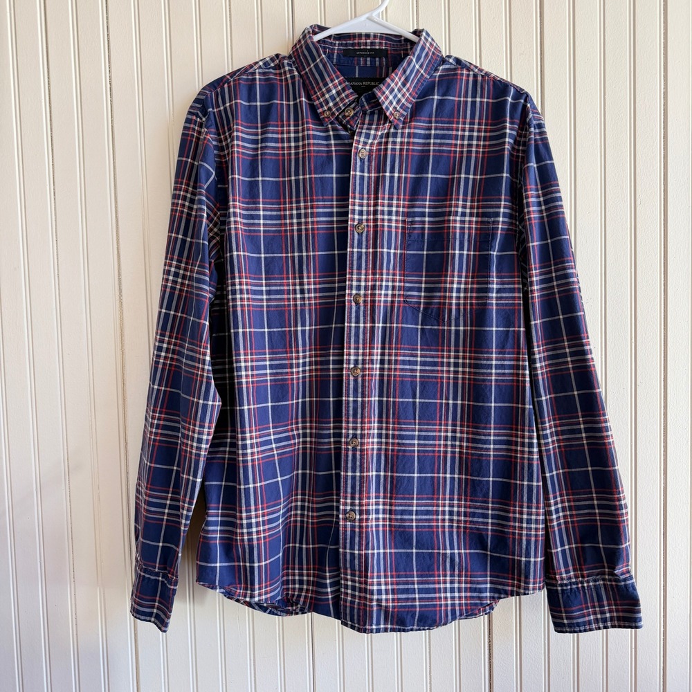 Banana Republic‎ Mens Untucked Fit Plaid Button Down Shirt Blue Red White Large